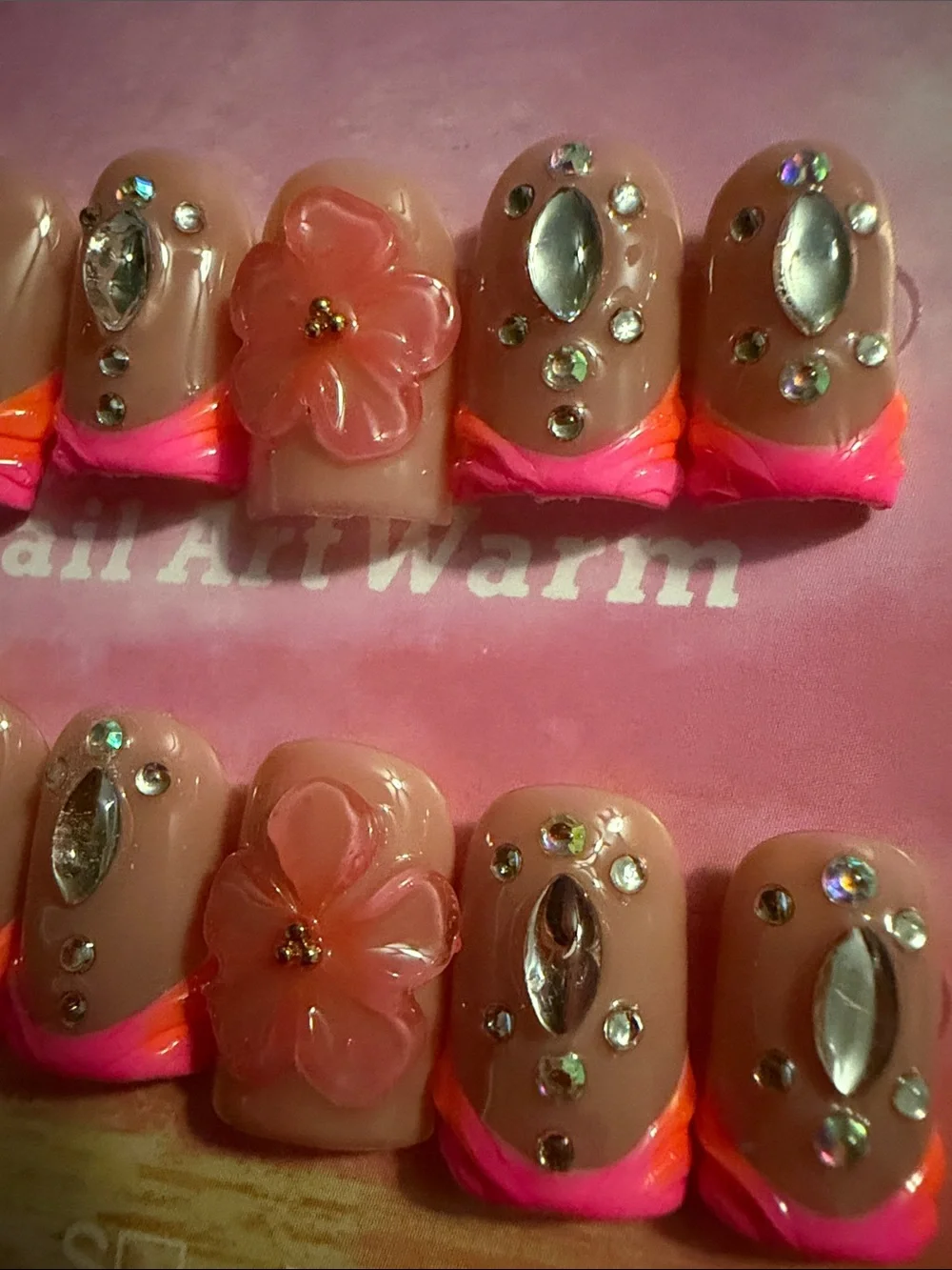 Nude Pink Acrylic handmade Press-On Nails with Neon Tips & Rhinestones